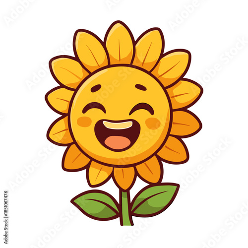 A cheerful sunflower cartoon character smiles brightly