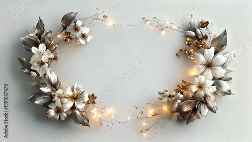 Lunar Bloom Wreath: Silver Gold Floral Garland with Sparkling Fairy Lights
