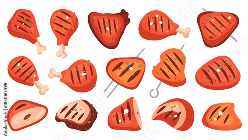 Diverse Cuts of Raw Steak with Grill Marks for Culinary and Food Industry Projects
