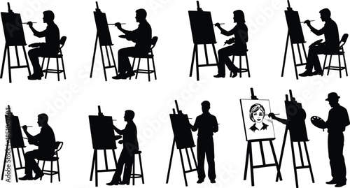 Artist, painter silhouette set, painting on easel, creative process, art studio illustration, black white design collection, professional visual arts education workshop concept icon bundle