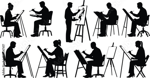 Artists drawing and sketching silhouettes, creative people working on easels, art education concept, illustration practice, design process, studio activity, visual creativity