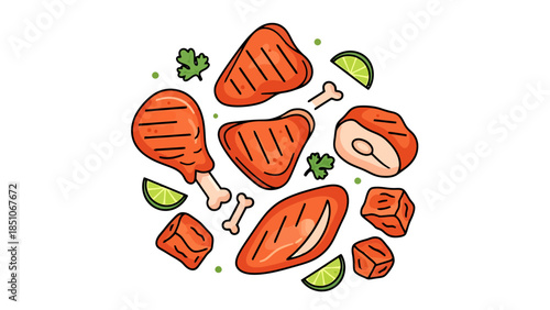 Fresh Raw Meat Pieces with Vegetables on White Background
