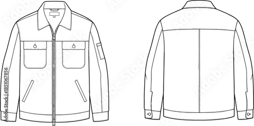 Technical jacket fashion sketch, front and back view, collared design, zippered closure, flap pockets, sleeve patch, garment illustration, vector template