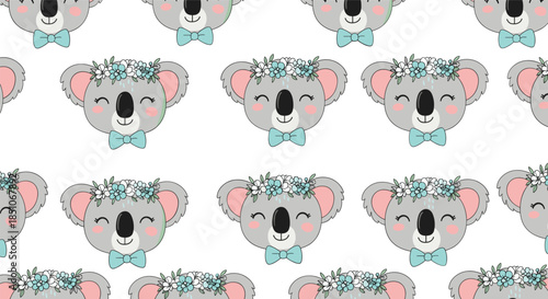 Cute Koala Face Seamless Pattern with Floral Crown and Bow Tie in Pastel Kawaii Vector Illustration Style