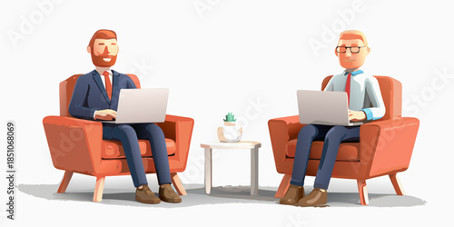 Two businessmen in suits working on laptops in comfortable armchairs