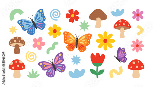 Colorful butterflies, mushrooms, and flowers doodle spring collection
