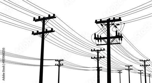 Electric power lines and utility poles silhouette, electricity transmission infrastructure, energy distribution network, urban industrial technology background, overhead cables, modern power grid 