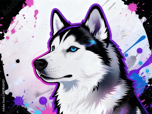 Neon Splatter Husky: Vibrant Canine Art with Blue Eyes