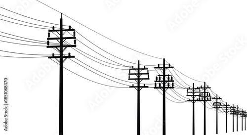 Electric power transmission lines on utility poles, minimal infrastructure background, energy distribution network, industrial technology concept, isolated silhouette perspective