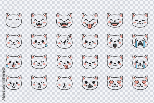 Collection of Cute Cat Emoticons Expressing Various Emotions on Transparent Background