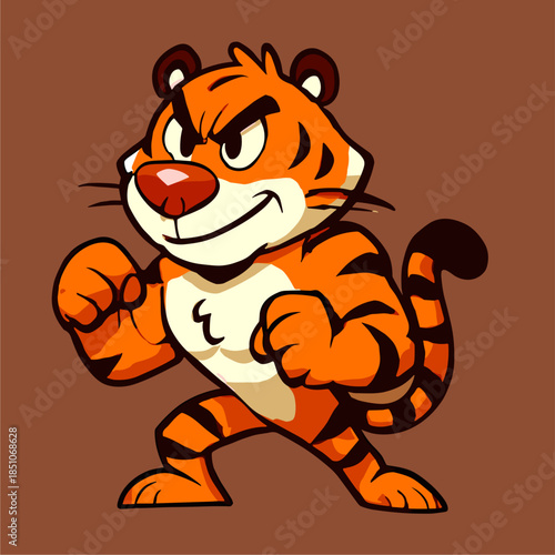 Cartoon tiger stands with determination ready to fight