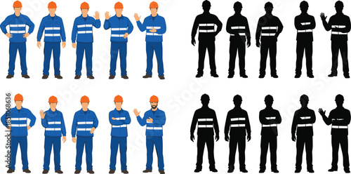 Industrial construction workers vector set, safety uniform staff illustrations, helmet wearing technicians, flat design workforce collection, silhouette and colorful character poses isolated