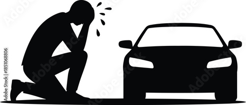 A lone silhouette of a person kneels in distress beside a parked car on a white background