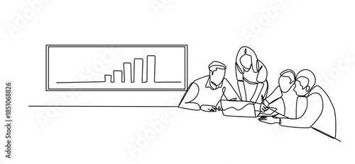 Line art Illustration of business people working together in the office. One line art style