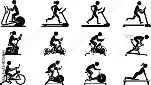 A grid of stick figures show people exercising on treadmills and stationary bikes at a gym