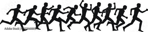 A long line of eleven black human silhouettes running vigorously across a clean white background