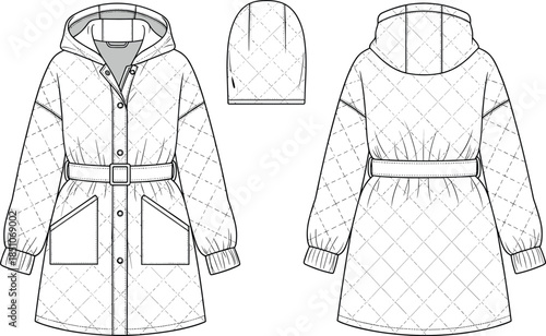 Technical fashion illustration of quilted winter parka coat, front back views with hood and belt, apparel design flat vector blueprint for clothing manufacturing presentation