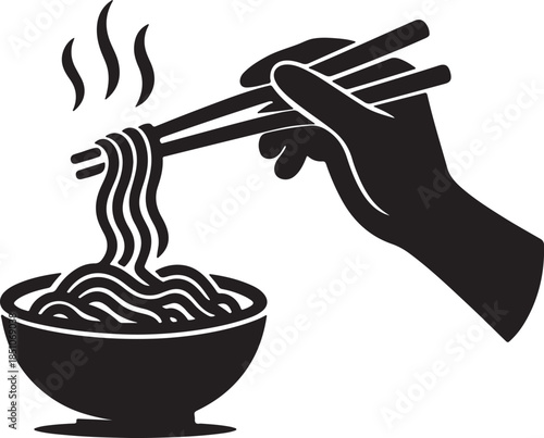 Hand holding chopsticks lifting steaming noodles from a bowl in a black and white illustration vector