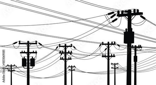 Urban power transmission lines, electricity utility poles, electrical infrastructure, overhead cables, energy distribution, grid network, industrial landscape, technology, silhouette, minimal design, 