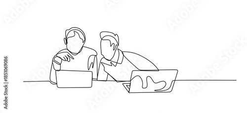 Line art Illustration of business people working together in the office. One line art style