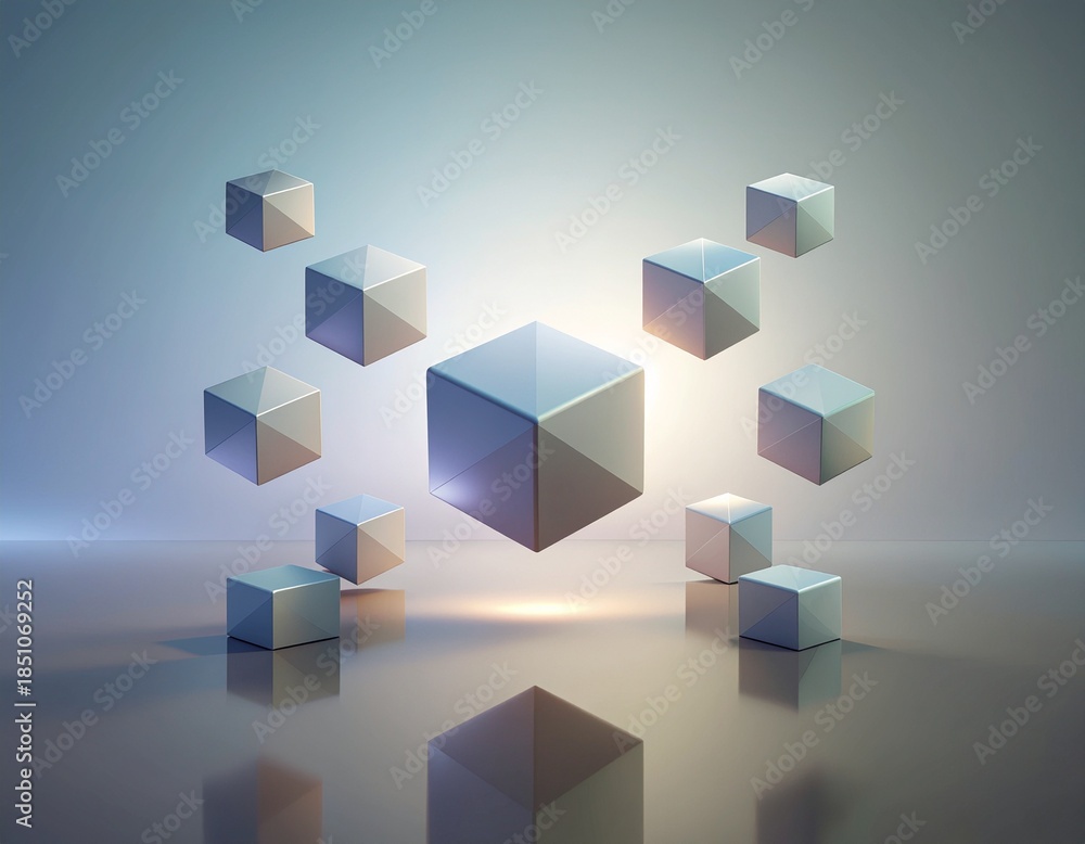 Fototapeta premium Floating cubes in a futuristic environment viewed from a low angle with a reflective surface