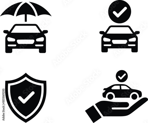 A set of four black icons symbolizing car protection and auto insurance services