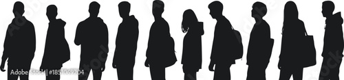 A single row of diverse young people silhouettes standing together in a line