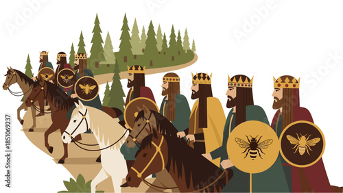 Medieval kings on horseback with bee emblem shields marching through forest