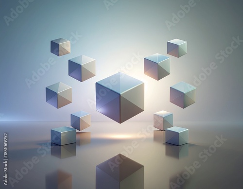 Floating cubes in a futuristic environment viewed from a low angle with a reflective surface