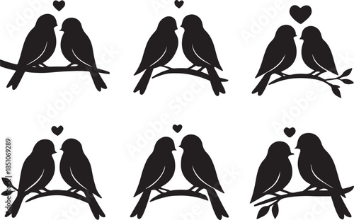 Black silhouette illustration of two love birds sitting closely on a tree branch with small heart accents