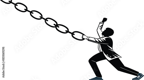 an silhouette pulling heavy chain symbolizing struggle strength and determination, minimalist black and white vector illustration concep