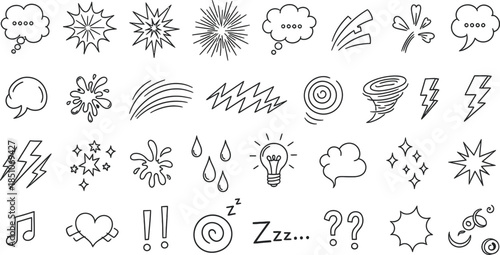 Collection of graphic elements for design, including comic book effects, speech bubbles, and abstract symbols