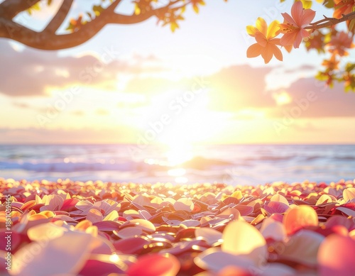 Serene beach scene with firefly lights and flower petals at sunset
