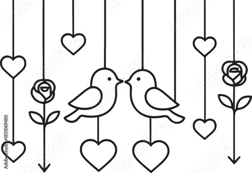 Silhouette vector art of hanging Valentine’s Day elements including hearts, arrows, roses, and lovebirds
