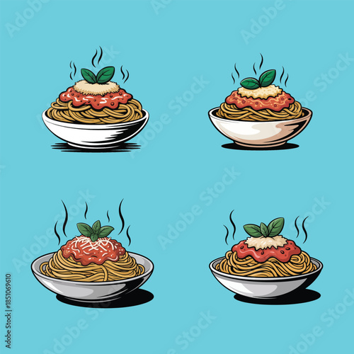Delicious Italian Spaghetti Pasta With Tomato Sauce And Basil Leaf Vector