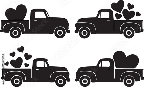 Valentine truck with hearth, retro truck, Valentines Day Truck, Vintage pickup delivers hearts, Red pickup truck with hearts, Valentine Day silhouette vector white background