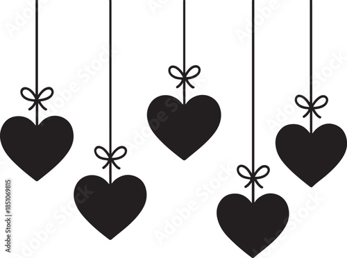  Valentine’s Day silhouette illustration of hanging hearts suspended on thin strings with small bows. Solid black shapes, clean edges, minimalist flat design