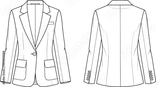 Blazer jacket fashion sketch, front and back view, notched lapel, single-button closure, flap pockets, garment illustration, clothing template, vector drawing