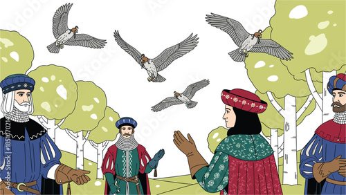 Renaissance men discussing falconry in a forest clearing
