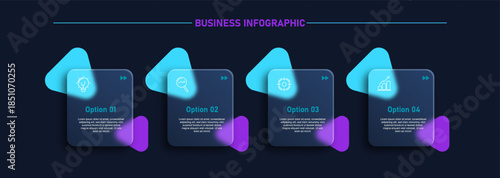 Modern business infographic template featuring 4 steps or options with icons on a dark background. Clean and professional design with gradient elements.