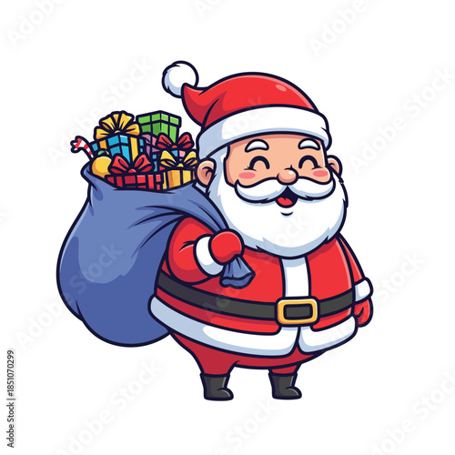 A jolly and heartwarming illustration of Santa Claus bringing a sack full of beautifully wrapped presents, embodying the spirit of holiday cheer and generosity