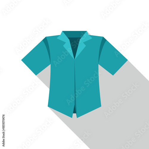 Blue short sleeve shirt displaying flat design style with long shadow on white background