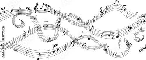 Wavy musical staff with notes and clefs creating an abstract artistic background