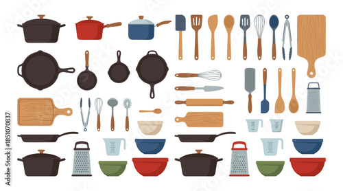 Kitchenware set with various cooking utensils and pots
