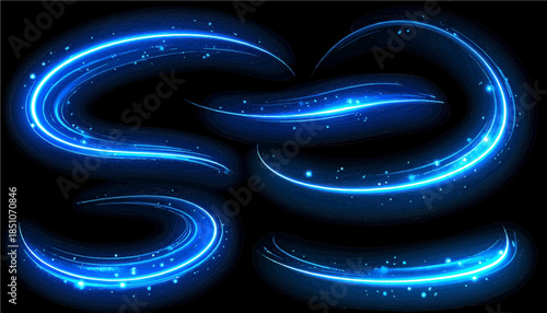 Set of glowing neon blue curve light effects for UI design isolated on transparent background, futuristic electric motion streaks and vibrant cyan lens flare elements SVG PNG cut out