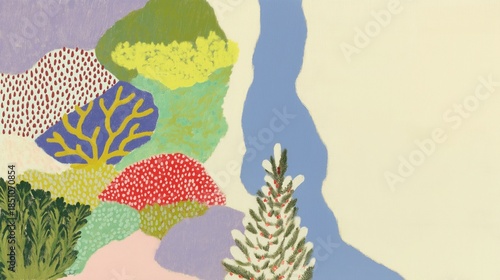 Colorful modern landscape illustration featuring stylized hills, blue river, pine tree, and decorative dotted patterns in green, purple, red, yellow tones. Stylish art for wallpaper, home decor