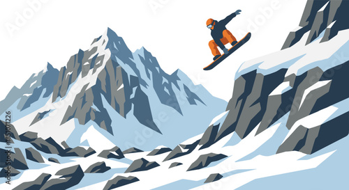 Snowboarder jumping over snow covered mountains