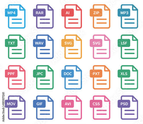 Document Format Icon Set – Popular File Extensions for Download, Web, and Computer