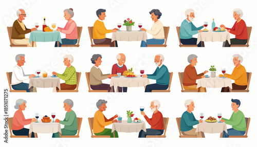 Elderly People Eating Together at Tables.
