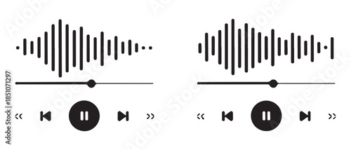 Set of audio player interface elements including sound waves and playback controls
